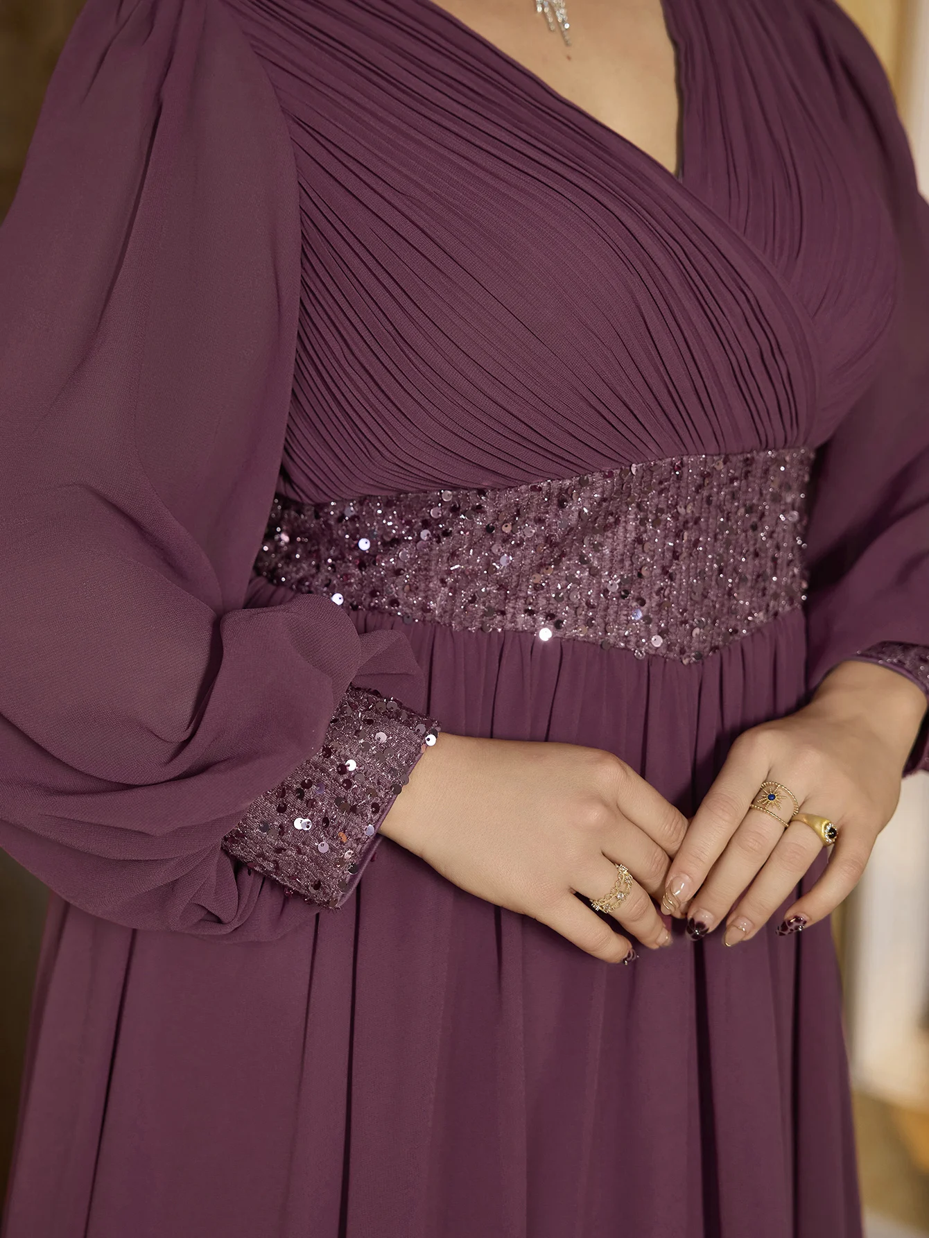 UNITHORSE حجم كبير على شكل حرف v لوحة ترتر لصق فستان سهرة شيفون نسائي أنيق لامع للمناسبات الرسمية