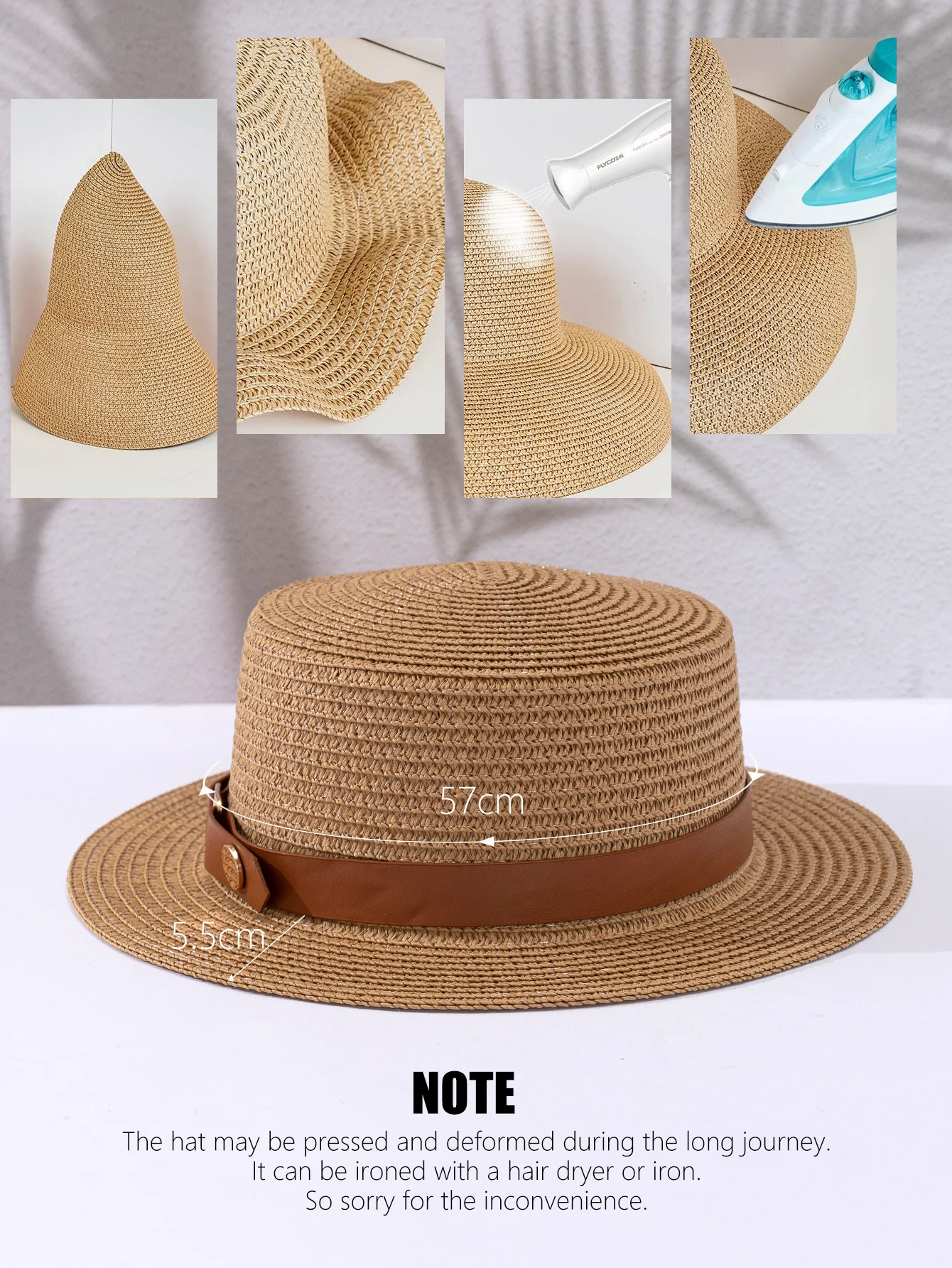 French British Belt Summer Flat Top Hat Women\'s Big Head Waist Beach Top Hat Beach Holiday Sunshade Sunscreen Straw Hat