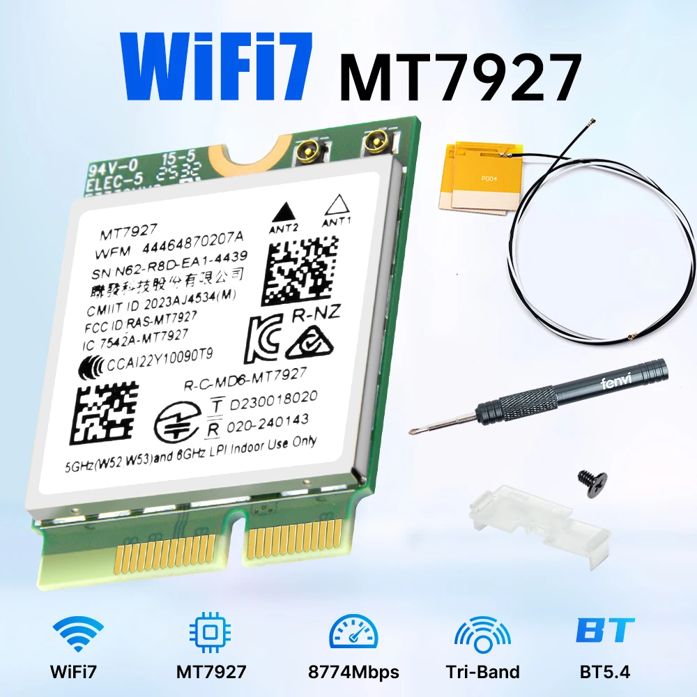 Fenvi WiFi 7 MT7927 M.2 Card 8774Mbps Bluetooth 5.4 Tri-Band 2.4/5/6GHz WiFi7 Network Wireless Adapter for Win11 with Antenna