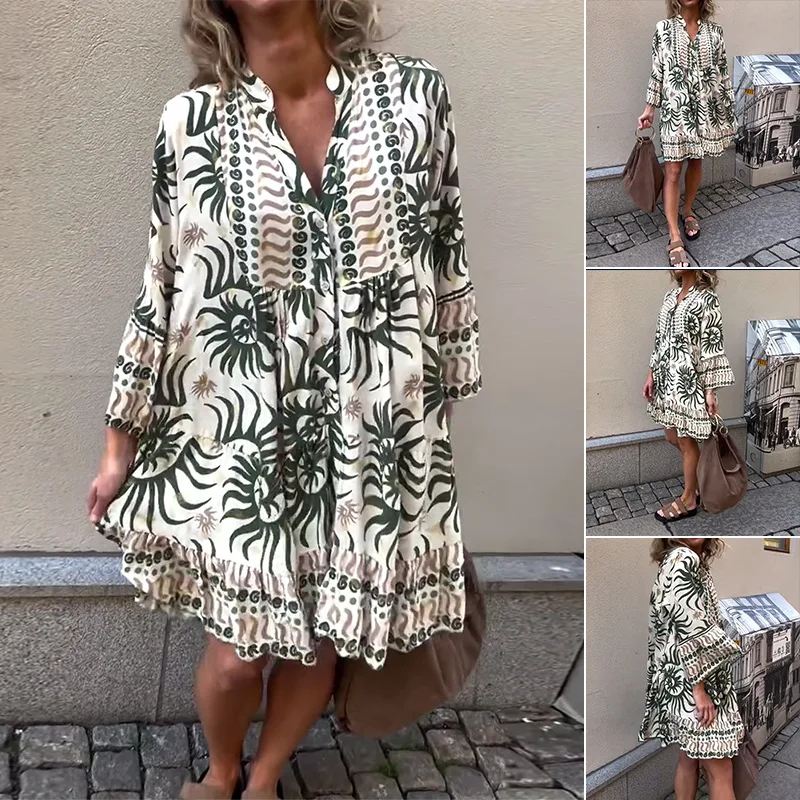 Abito casual stampato Boho per donna Primavera Estate Nuovo stile vacanza Abito longuette monopetto con scollo a V ampio e maniche lunghe