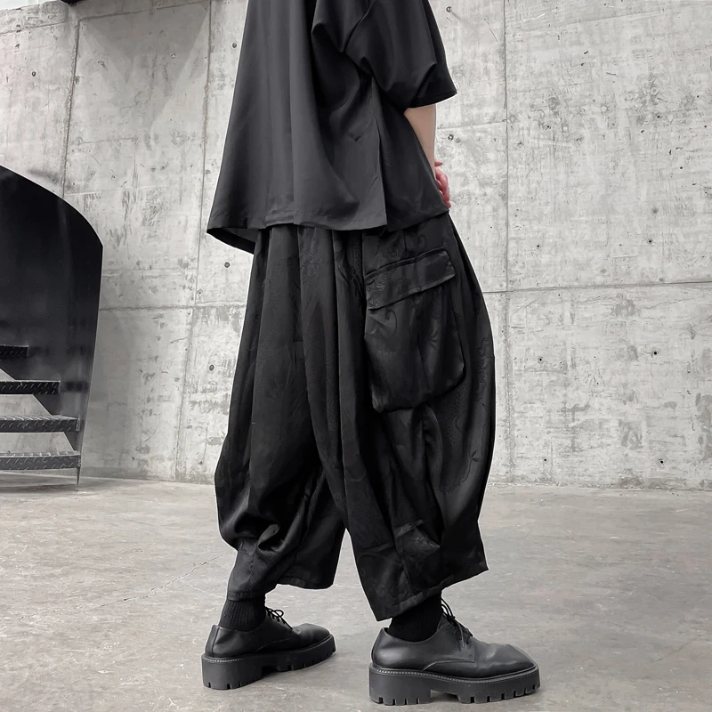 Streetwear Men Harem Pants High Street Black Wide-leg Trousers Hip Hop Jogging Pants Side Pocket Cargo Pants Oversized