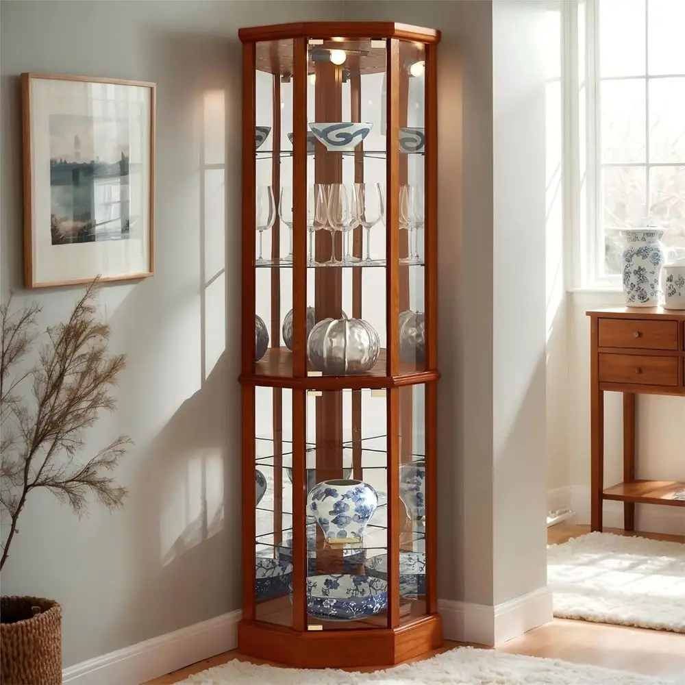

Illuminated Glass Display Cabinet, 70 Tall with 5 Adjustable Shelves, Tempered Glass, Oak & Style 2, Ideal for Wine Bar or Livin