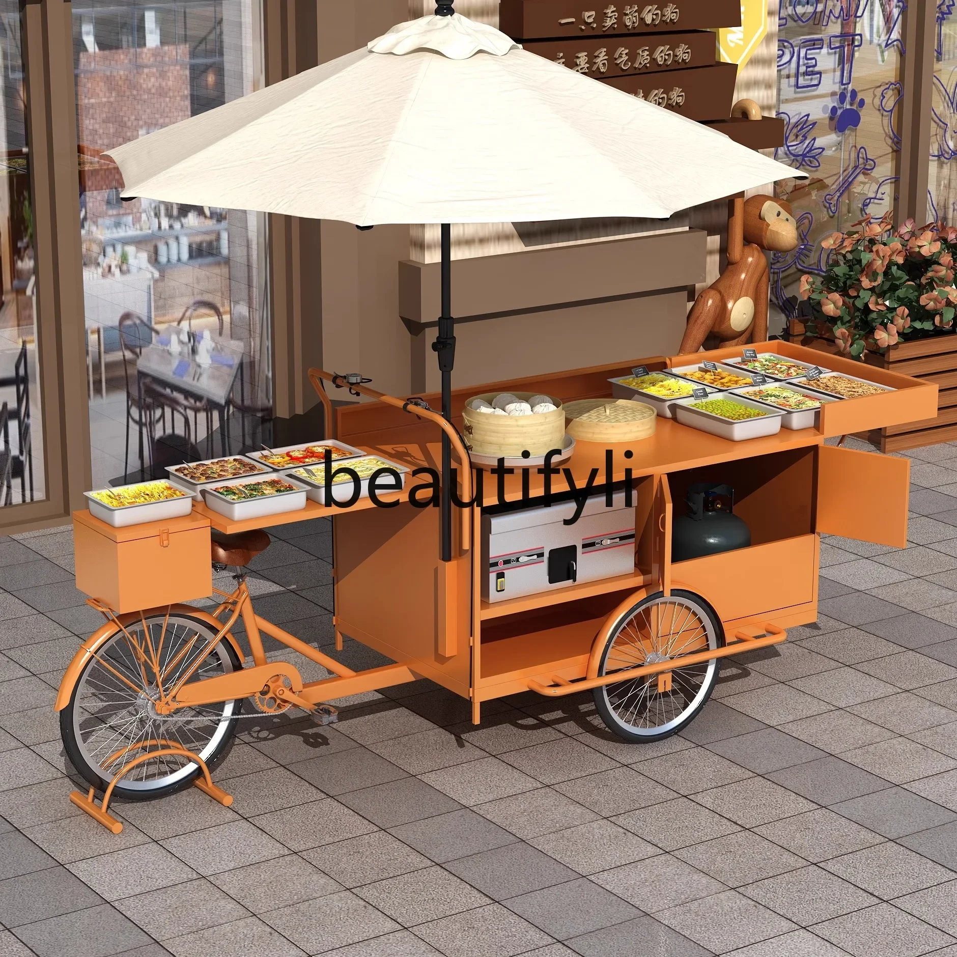 E182 Wrought iron movable, barbecue snack stall cart foldable trolley shopping mall, storage food truck