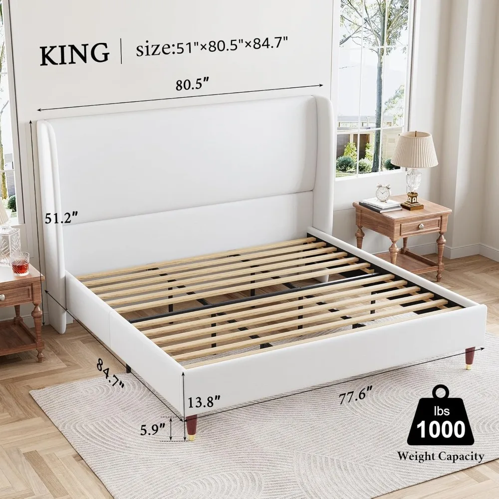 Bed Frame Upholstered Bed Frame and Wingback Headboard/Wood Slat Support/No Box Spring Needed/Easy Assembly/White