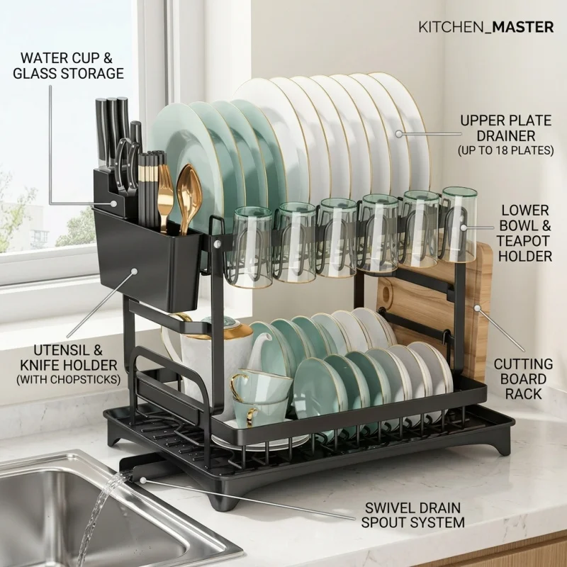 

Durable 2Tier Escurridor De Platos Kitchen Storage Rack Bowl Drainer Holder Tableware Storage Chopsticks Knife Fork Water Cup