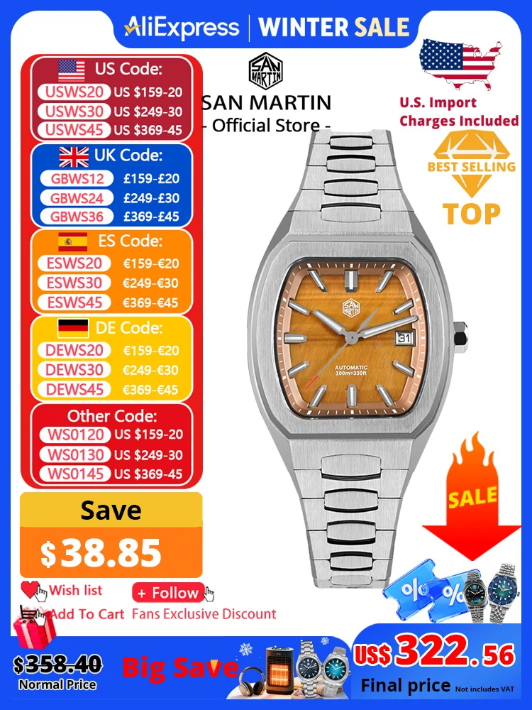 

San Martin 39.5mm Tonneau Luxury Men Watch Mineral Dial Casual Sports PT5000 SW200 Automatic Mechanical Sapphire Luminous SN0145