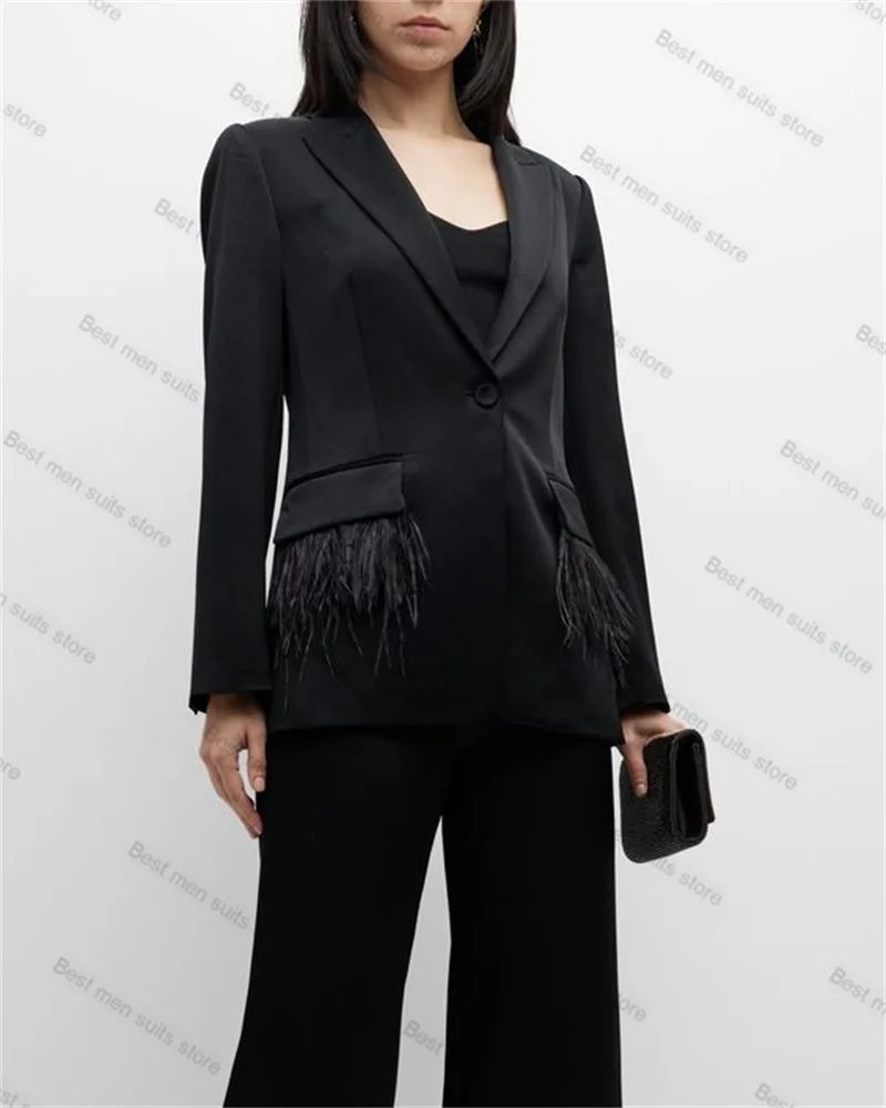 Cotton Ostrich Feather Women Suits Set 2 Piece Formal Office Lady Blazer Wedding Tuxedo Custom Made Black Jacket+Flare Pants