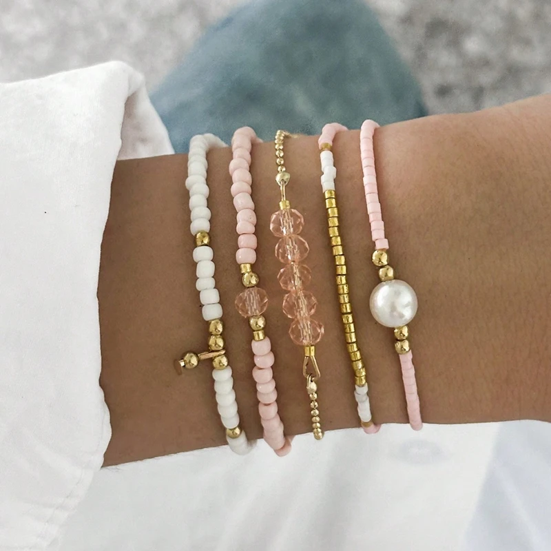 5 Teile/satz Böhmen Reis Perlen Gestapelt Armbänder für Frauen Mädchen Handgemachte Imitation Perle Kristall Perle Elastische Armband Schmuck Geschenk