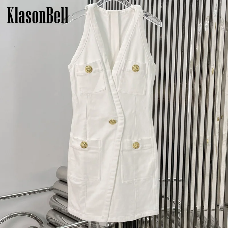 

7.5 KlasonBell Women's White Washed Denim V-Neck Sleeveless Tank Dress 2024 New Fashion Gold Button Pocket Slim Mini Dress