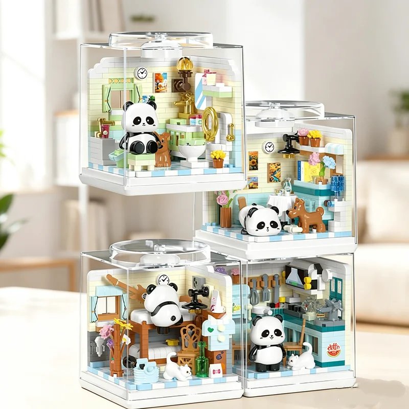 DIY Panda Kitchen House Building Blocks Daily Life Micro Bricks Set with Lights Dust Cover Miniature Scene Collection Home Decor