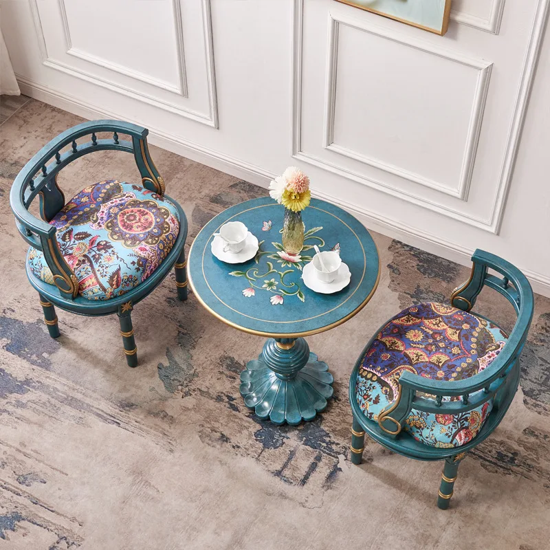 Three-piece French retro painted furniture sofa chair blue round table