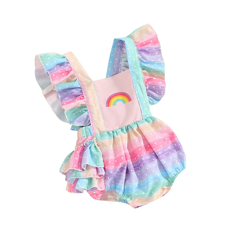 

Baby Girls Romper, Fly Sleeve Square Neck Rainbow Print Infant Bodysuit Summer Clothes for Casual Daily