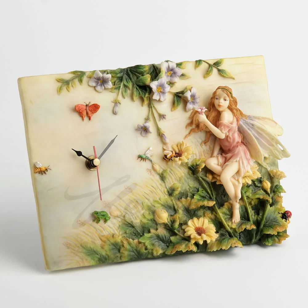 Relief Resin Flower Fairy Wall Clock Pink Dress Sunflower Floral Garden Butterfly Bee Ladybug Elf Wall Hanging Clock Home Decor