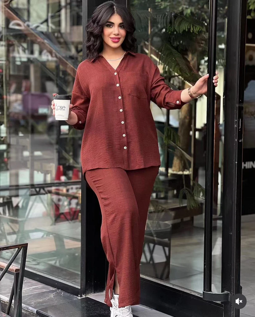 Two Piece Sets Women Tracksuit Pants Set Single Breasted Full Sleeve Turn Down Collar Shirt Tops High Waist Wide Leg Long Loose