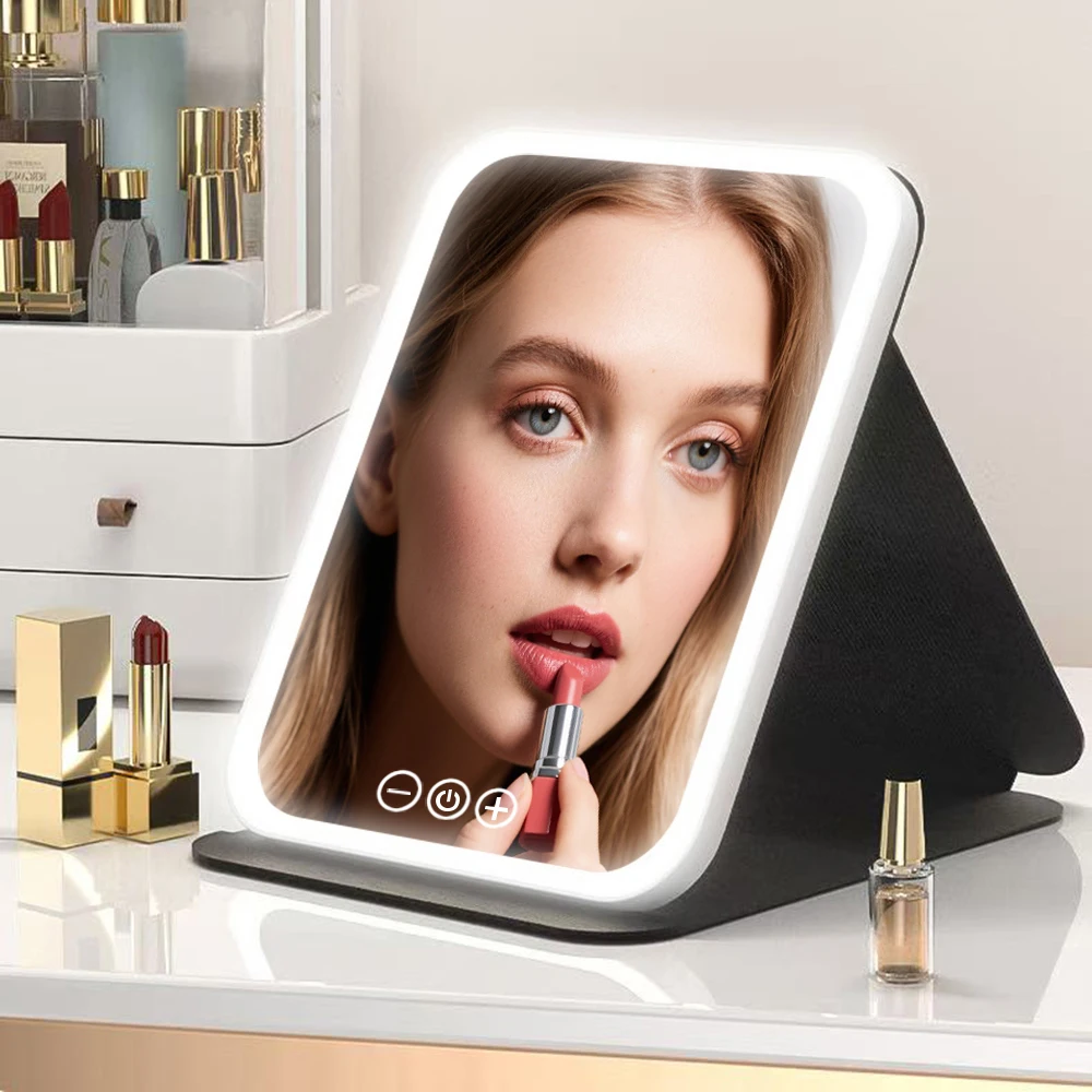 LED Makeup Mirror 3 Colors Light Portable Vanity with Adjustable Brightness USB Charging Foldable for Travel And Home Use
