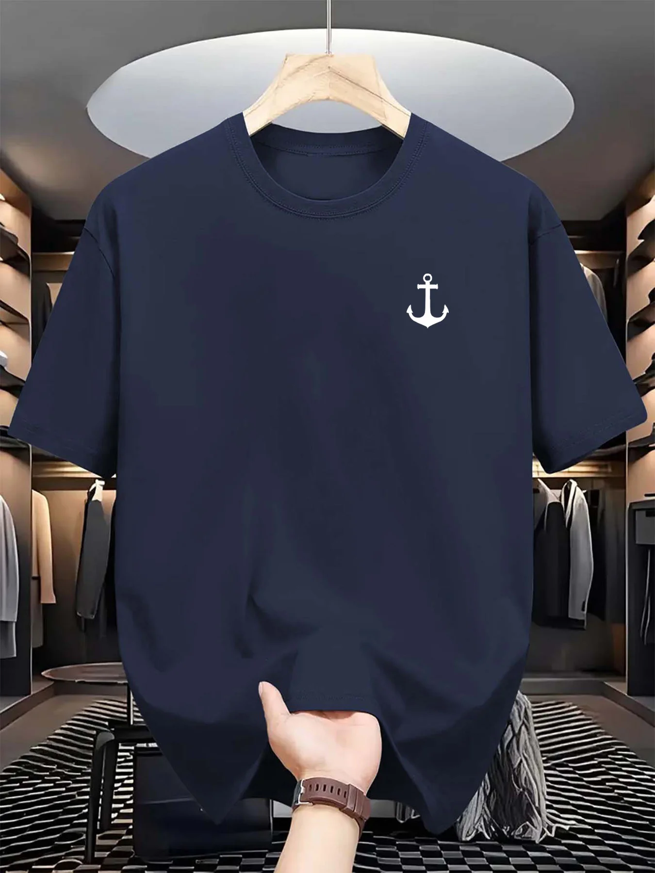 Men's Summer 100% Cotton Fashionable Casual Loose Classic Boat Anchor Pattern Printed Sports Round Neck Short Sleeved T-Shirt
