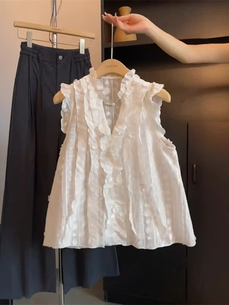 スイート Vネック フリル スウェット レディース サマー トップス 美しい バルベスト アウター 韓国風 刺繍入り ルーズ...