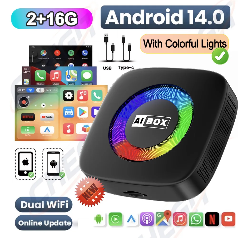 5-in-1 Android 14 Smart AI Box 2G+16G draadloze CarPlay Android Auto TV Box voor YouTube, Netflix voor VW, Nissan, Toyota, Hyundai, Ford