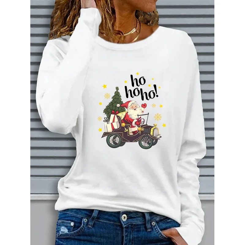 Women's Santa Claus Motorcycle Pattern Printed Long SleeveTShirt - Autumn and winter casual crew-neck top