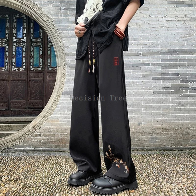 2025 summer popular men's pants fashionable embroidery chinese wide leg straight trousers simple comfortable casual wushu pants