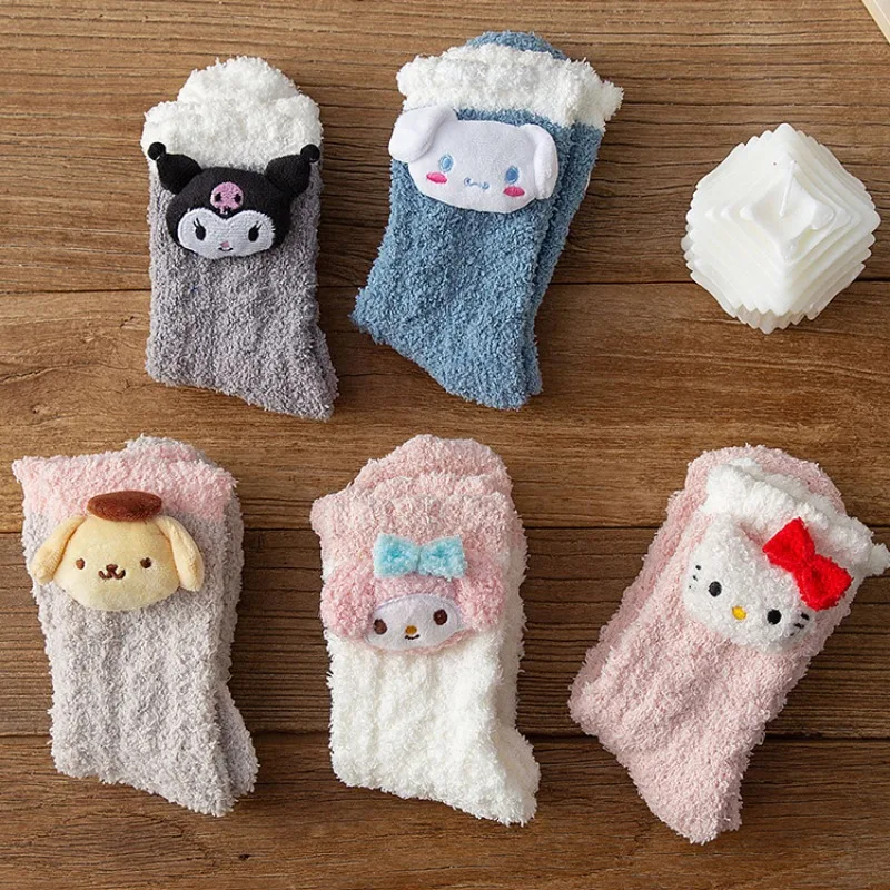 Kawaii Kuromi Cinnamoroll Plush Socks for Girls Melodyhello kitty Socks Cinnamoroll Plush Stuff Things Female Winter Warm Gifts