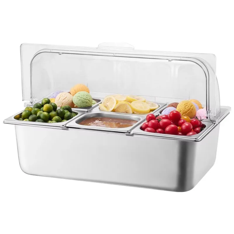 6 Pot Stainless Steel Countertop Food Supply Tray Buffet Condiment Dispenser Display Stand Transparent Cover 3 Freezer