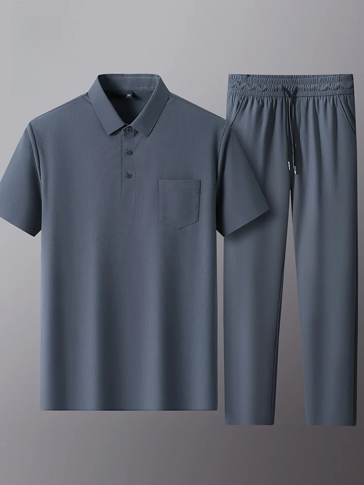 

Rn Ice Silk Casual Sports Set Men's ort Sve Long Pants Summer Loose Collar irt Casual Pants Five Sve Length