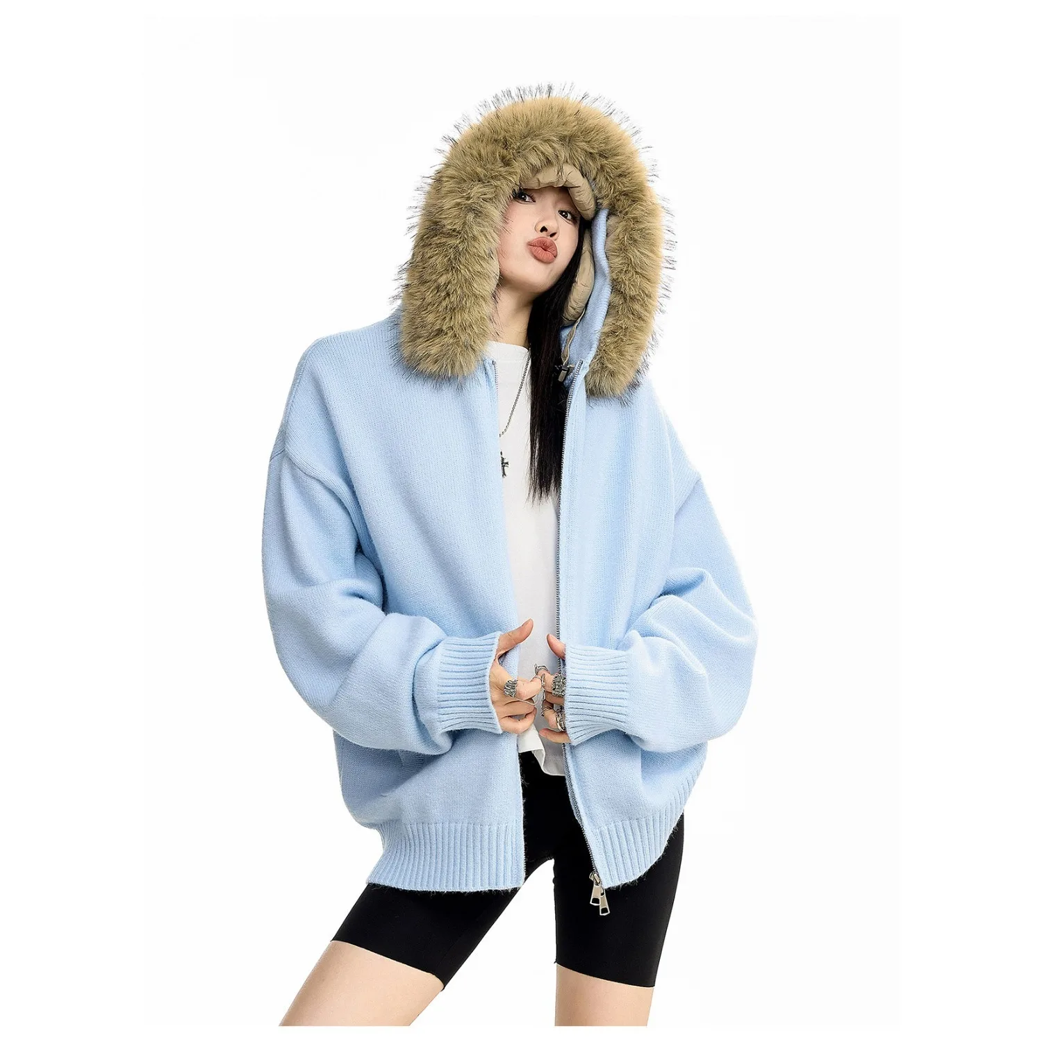 New Men's Winter Thickened Warm Detachable Fur Collar Knitted Open Cardigan Loose Versatile Lazy Couple Sweater Coat Long Sleeve