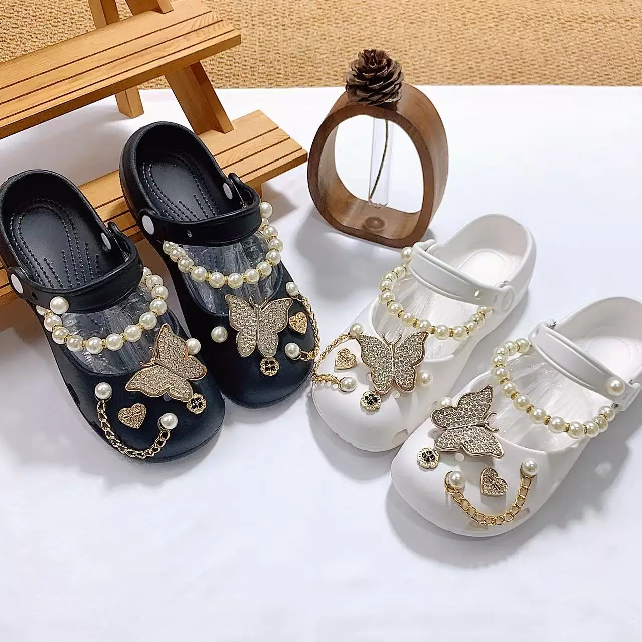 Mary Jane Clogs for Women, Long Style with Pearl Chain and Rhinestones, Butterfly Clogs for Women, Nurse Sandals, Outdoor Thick-Soled Garden Shoes