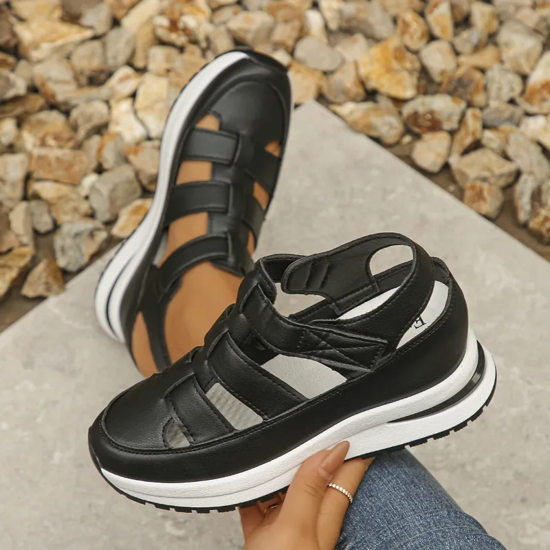 

2026 Summer New Hollow Out Casual Sandals for Women Versatile Thin Sponge Cake Thick Bottom Inner Height Increasing Womens Shoes