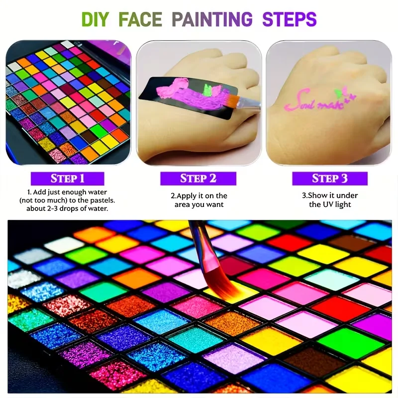 1 قطعة 100 لون رسم الجسم المائي | طلاءات غير لامعة وفلورسنت (تفاعل)، لؤلؤية ولامعة | مثالية للهالوين، Ch #4