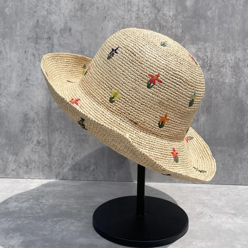 Women's Summer Raffia Wide Brim Bucket Hat Foldable Beach Sun Protection