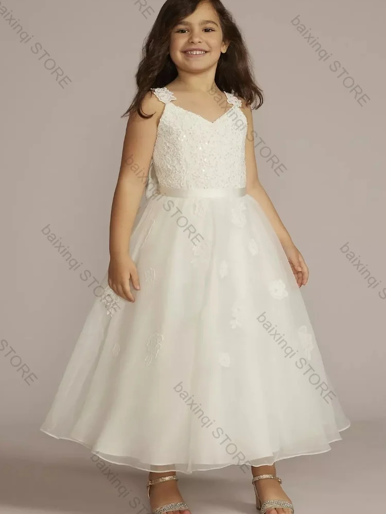 

Ivory color Flower Girl dress elegant tulle Lace Suspenders Midi Dresses formal occasion wedding birthday ball Can bespoke gown