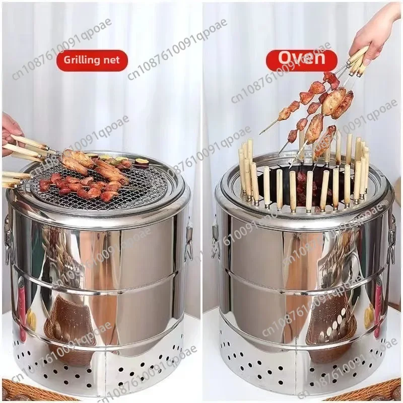 Stainless Steel BBQ Outdoor Grill Charcoal Grill Smokeless Grill Cooking Grate Portable Camping Oven Household Barbecue Tools