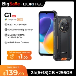 Oukitel G1 견고한 스마트폰, 6.52 인치 HD + 10600mAh, 24GB + 256GB, 안드로이드 14, 48MP 카메라 휴대폰