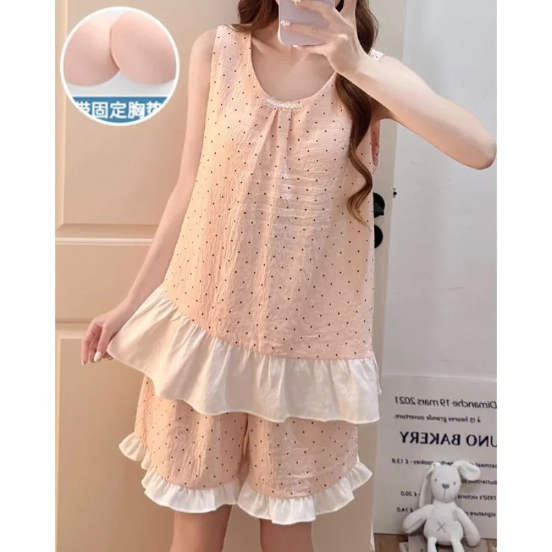 Princess Style Summer Pajamas Set Women Polka Dot Sleeveless Tank Shorts Korean Girls Home Sleepwear with Chest Pad Loose Lounge