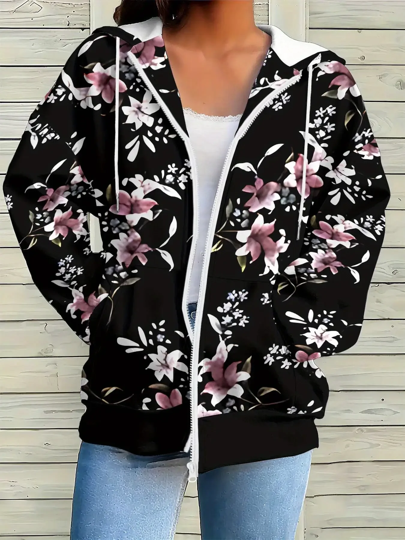 

2026 Ladies' 3D floral printed zipper hoodie with full body floral design