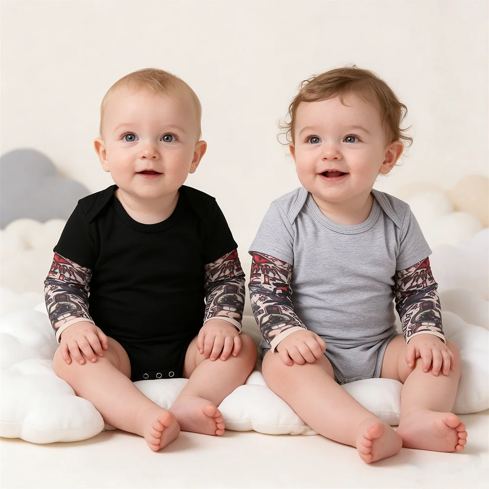Cool Baby Faux Layered Bodysuit Cartoon Graffiti Print Long Sleeve Newborn Clothing Snap Closure Infant Clothes Boy Girl Romper
