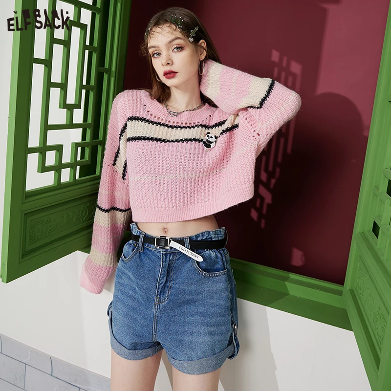 ELFSACK Mohair Short Pink Sweaters Women 2023 Spring Loose Casual Tops