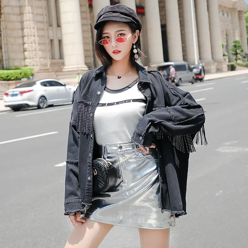 

2023 Denim Jacket Coat Tassels Women Black Jackets Abrigo Mujer Tops For Women Chaquetas Mujer Women Denim Coat Streetwear