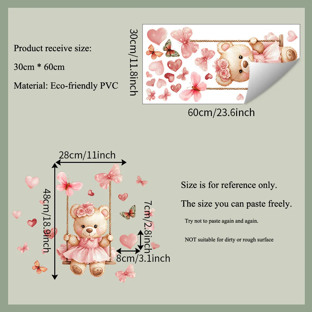 Cartoon Bear Swing Butterfly Wall Stickers Child Room Background Decoration Mural Kids Bedroom Home Decor Self-adhesive Decals