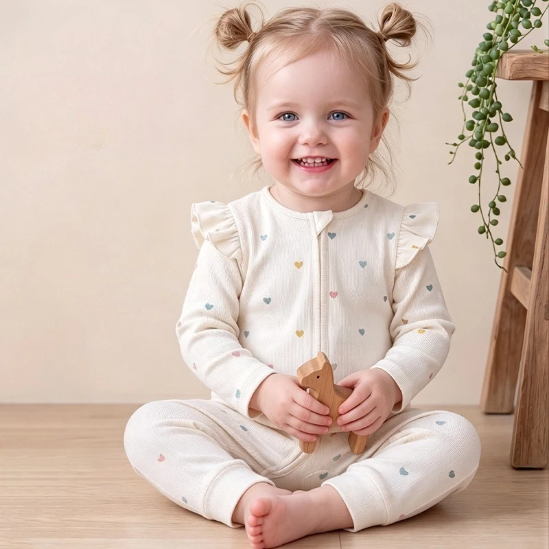 0-24M Cotton Baby Romper Newborn Kid Baby Girl Clothes Long Sleeve Heart Print Jumpsuit Zipper Romper Autumn Winter Outfit