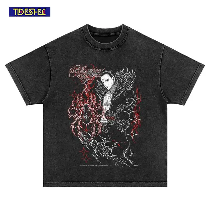 Harajuku Japan Comic Summer Hip Hop Anime Print T-Shirt Streetwear Washed Vintage Fashion Trend Cotton Tshirt Oversized Tops