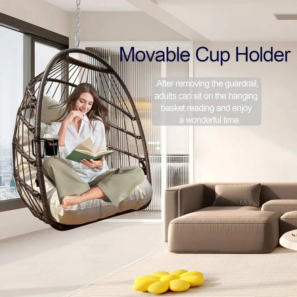 Swing Hammock Egg Chairs Indoor Outdoor, UV Resistant Cushion Hanging Chair with Cup Holder (Without Stand, Khaki)