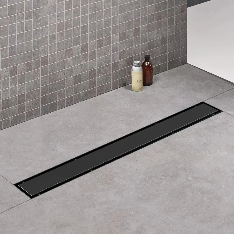 Black Linear Shower Drain 2-in-1 Panel Adjustable Hair Strainer Brushed 304 Stainless Steel Floor Drain Insert 12 18 24 36 Inch