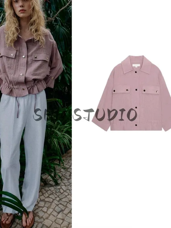 Casual Commuter Style Short Coat for Women Spring Summer Roll up Sleeve Turn down Collar Button Decor Pure Color Jacket