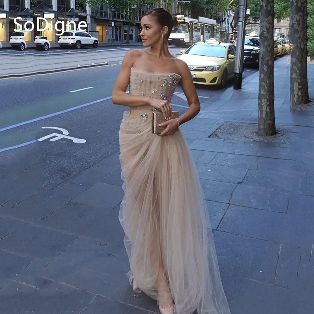 

SoDigne Chic Tulle Prom Dresses Strapless Pleats Sleeveless Appliques Party Dress Mermaid Floor-Lenfth Prom Gowns Customized