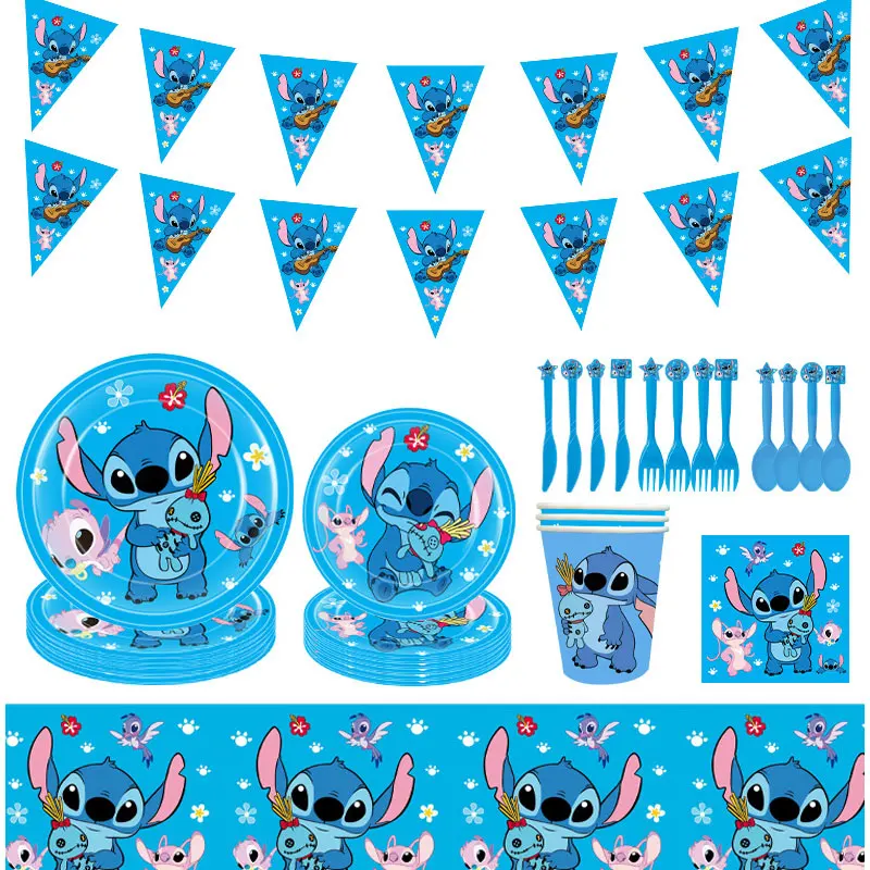 Disney Stitch-vajilla decorativa para cumpleaños, vasos de papel, platos, telón de fondo, mantel, globos, suministros para fiesta de cumpleaños para