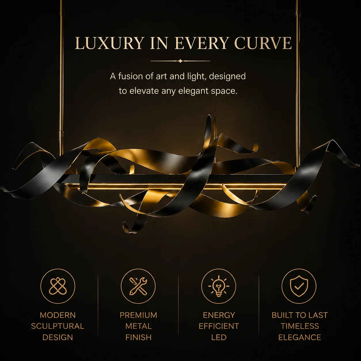 Modern Luxury Black Gold Led Chandelier Nordic Sculptural Pendant Light For Dining Room Kitchen Island Hanging Lamp