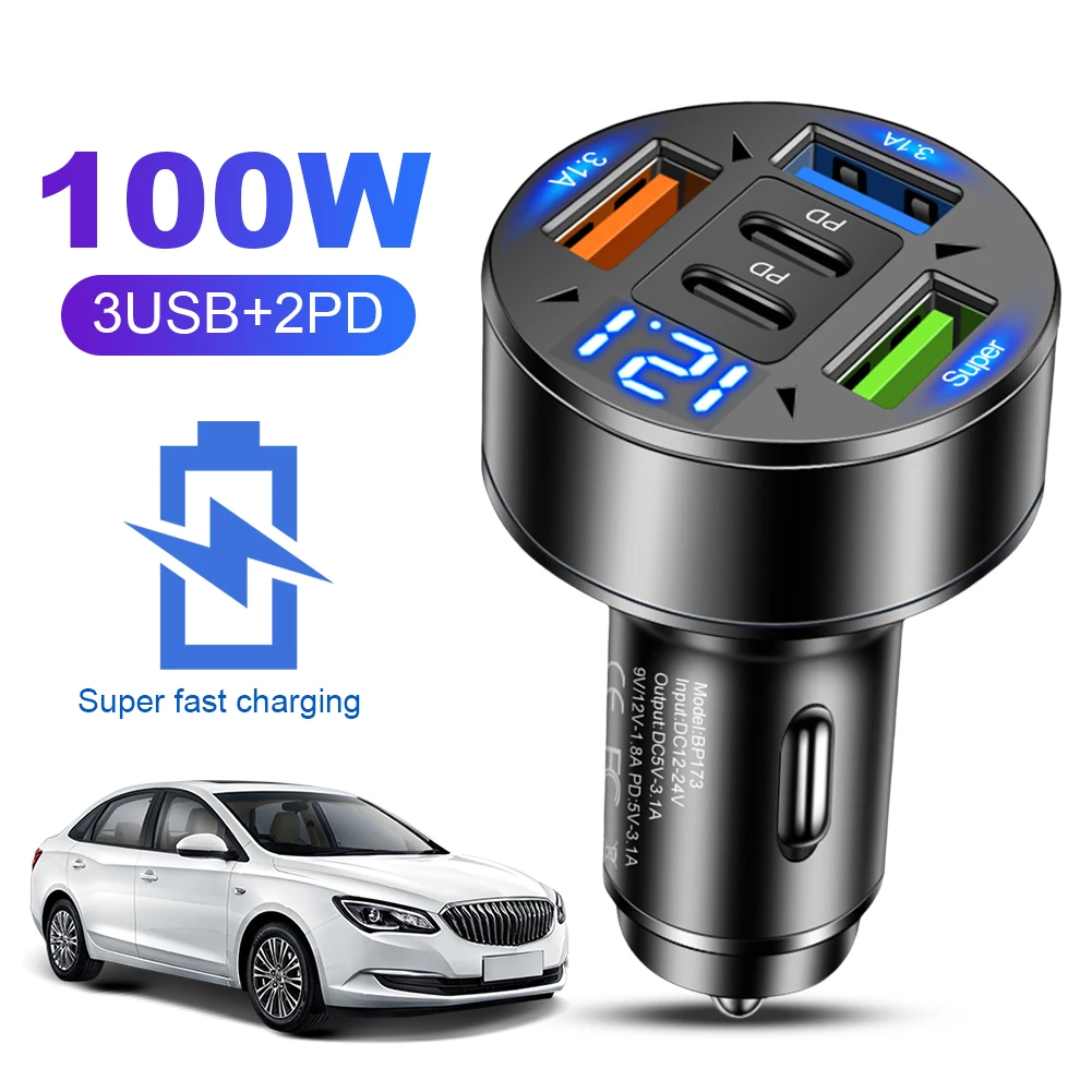 

Portable 100W 5 Port Car Charger USB C Adapter with Voltage and Smart Chip Safe Fast Charging Black for Most Car Models